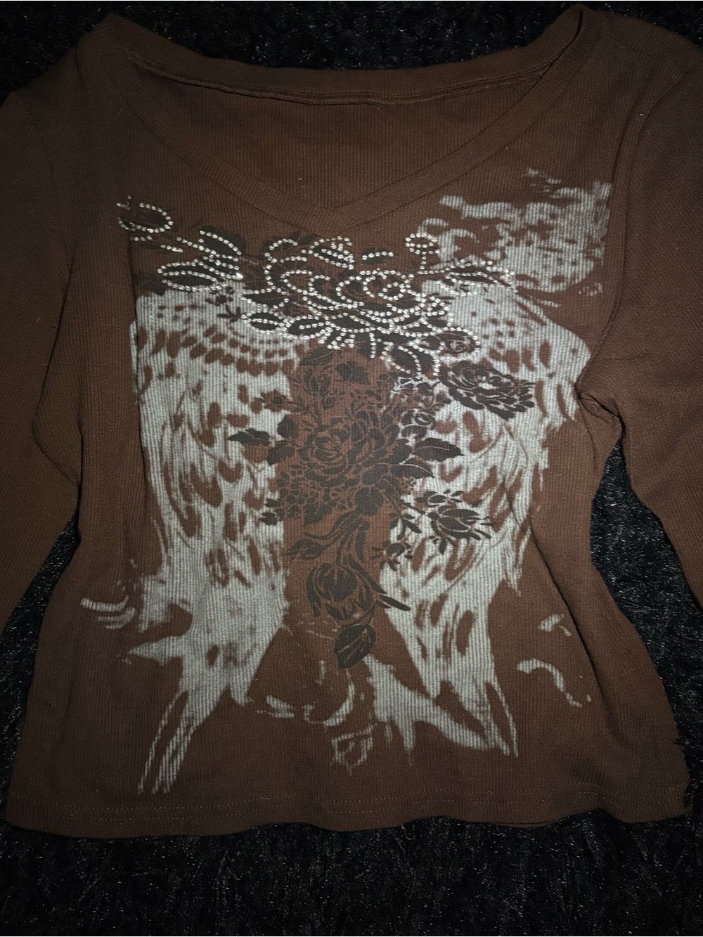 Y2K Brown Rhinestone Angel Wing Graphic Long Sleeve Top